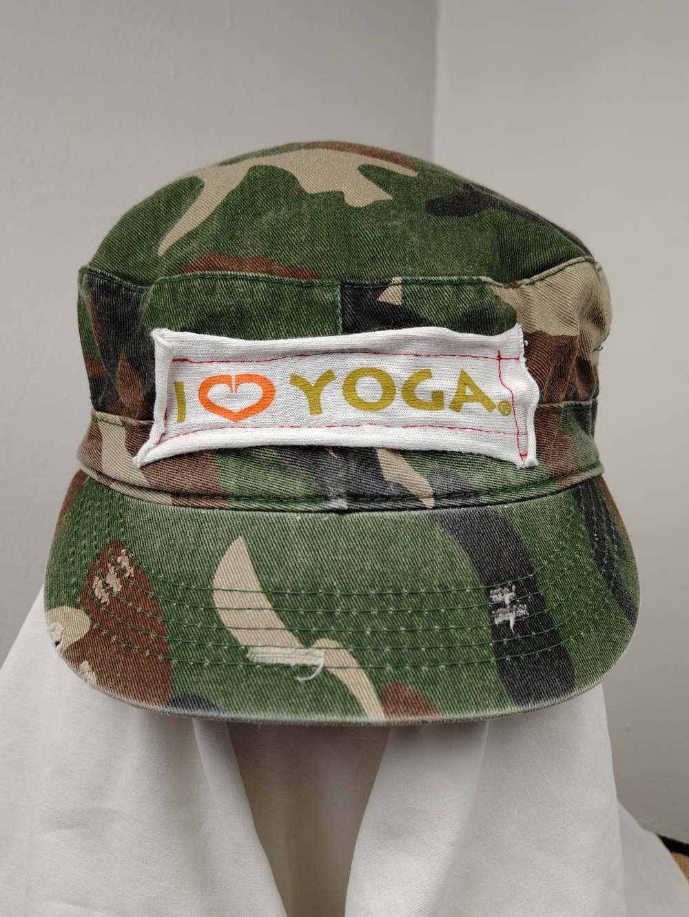 I Heart Yoga Camo Cap - Green Camouflage Unisex Military Cadet Cap Distressed